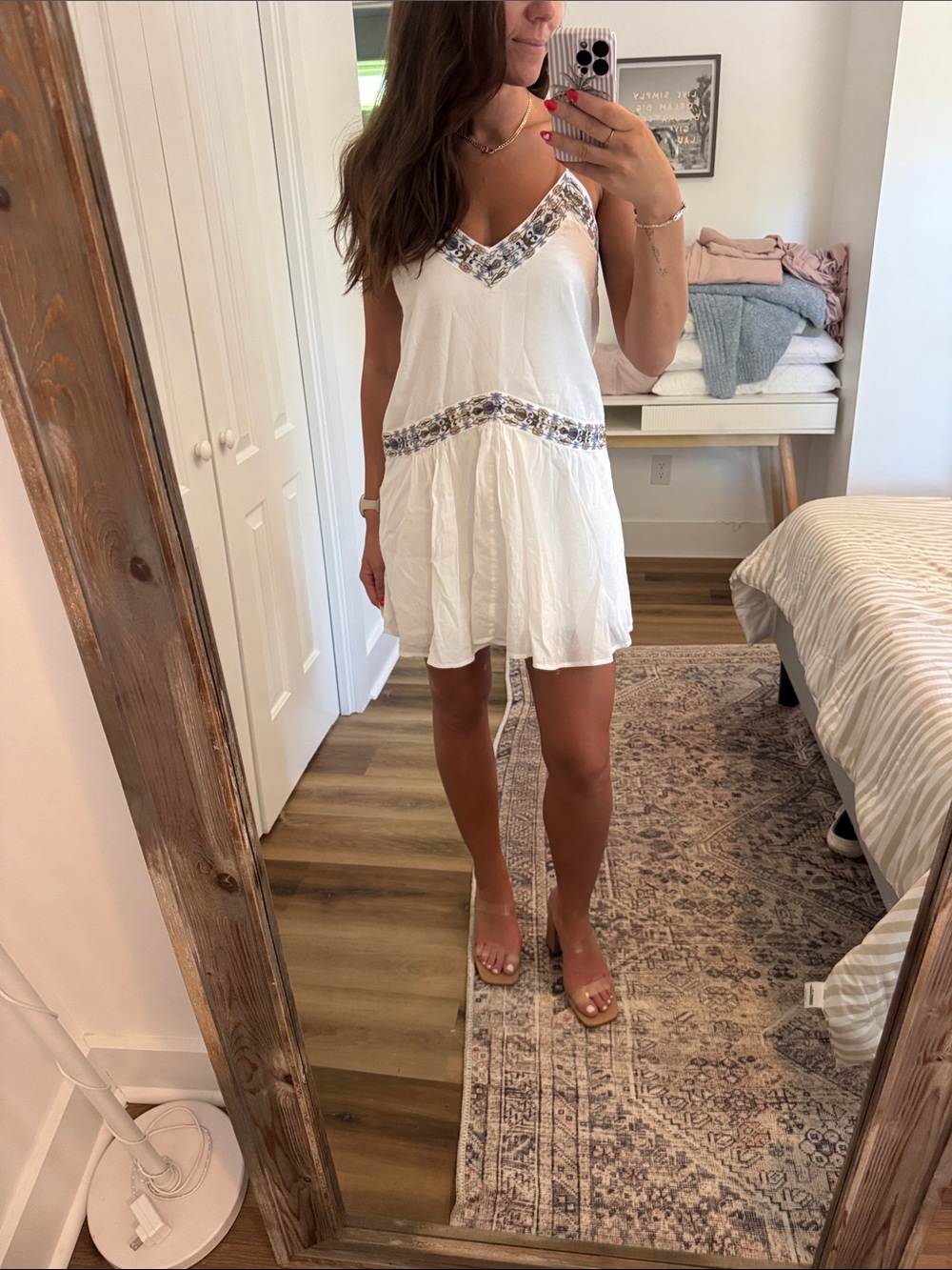 Abercrombie & Fitch White Embroidered V-Neck Mini Dress